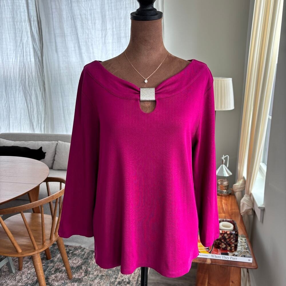 Rafaella Magenta Pink 100% Cotton Keyhole Blouse Boat Neck Silver Hardware Large